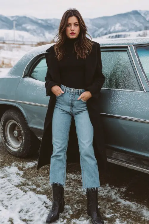 A woman wears bootcut jeans with frayed hems, black cowboy boots, a fitted mock neck top, and a structured black wool coat