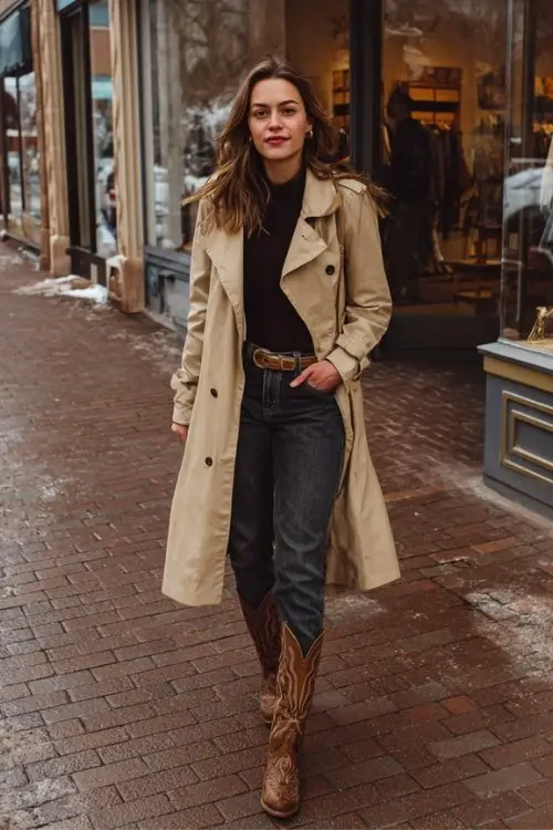 A woman wears brown cowboy boots, a beige trench coat, and dark jeans