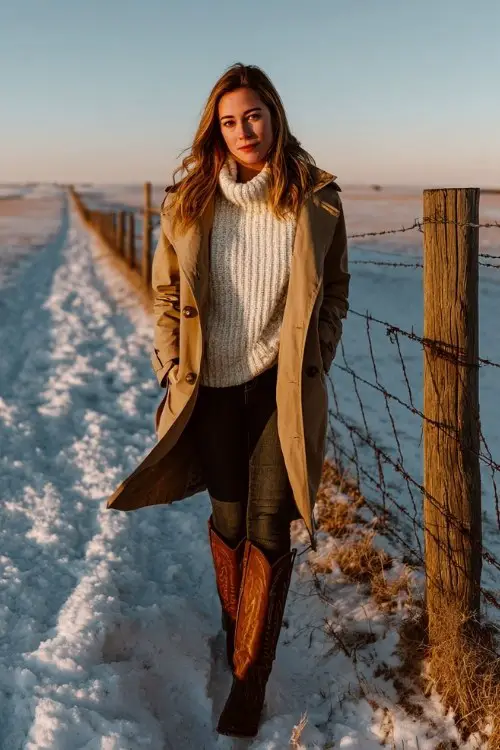 A woman wears dark skinny jeans tucked into tall brown cowboy boots, a cream knit sweater, and a wool trench coat