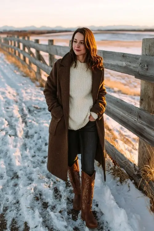 A woman wears dark skinny jeans tucked into tall brown cowboy boots, a cream knit sweater, and a wool trench coat