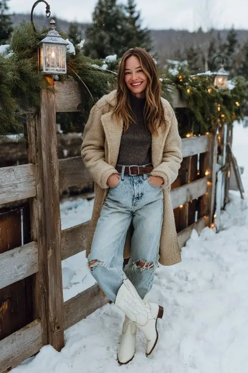 A woman wears distressed jeans tucked into white cowboy boots, a high-neck thermal, and a belted shearling-lined coat