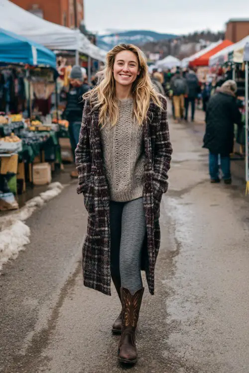 A woman wears gray fleece-lined leggings with dark brown cowboy boots, a cable-knit pullover, and a long plaid coat