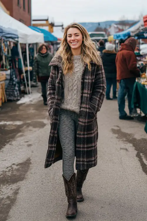 A woman wears gray fleece-lined leggings with dark brown cowboy boots, a cable-knit pullover, and a long plaid coat