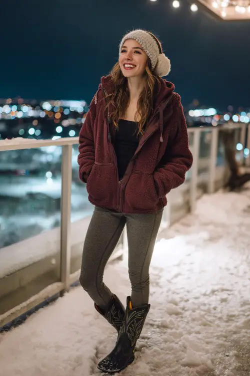 A woman wears gray leggings tucked into black cowboy boots, a warm maroon fleece jacket, and earmuffs
