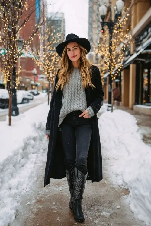 A woman wears high-rise skinny jeans tucked into tall black cowboy boots, styled with a gray cable-knit sweater and a long black wool coat