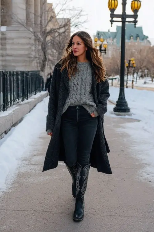 A woman wears high-rise skinny jeans tucked into tall black cowboy boots, styled with a gray cable-knit sweater and a long black wool coat