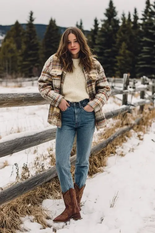 A woman wears high-waisted blue jeans tucked into short brown cowboy boots, a cream knit sweater, and a plaid shacket