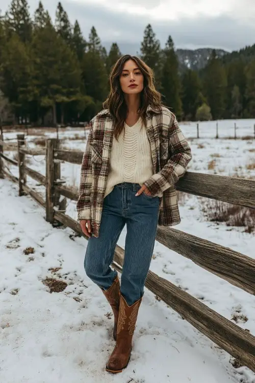 A woman wears high-waisted blue jeans tucked into short brown cowboy boots, a cream knit sweater, and a plaid shacket