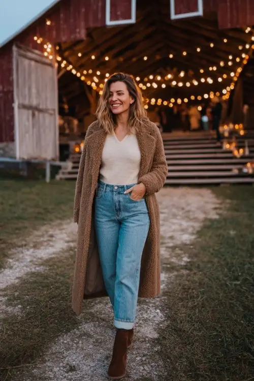 A woman wears high-waisted jeans cuffed above vintage brown booties, styled with a tucked-in thermal henley and a longline teddy coat