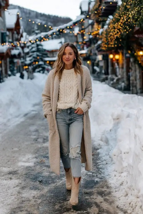 A woman wears light-wash skinny jeans tucked into short beige cowboy boots, a cream cable-knit sweater, and a long oatmeal wool coat