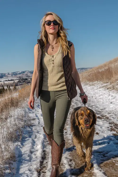 A woman wears olive green leggings tucked into rich brown cowboy boots, a waffle-knit henley top, and a quilted vest