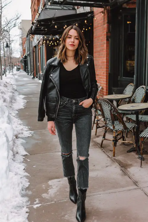 A woman wears ripped black jeans tucked into pointed black cowboy boots, a fitted long-sleeve top, and a cropped faux leather jacket