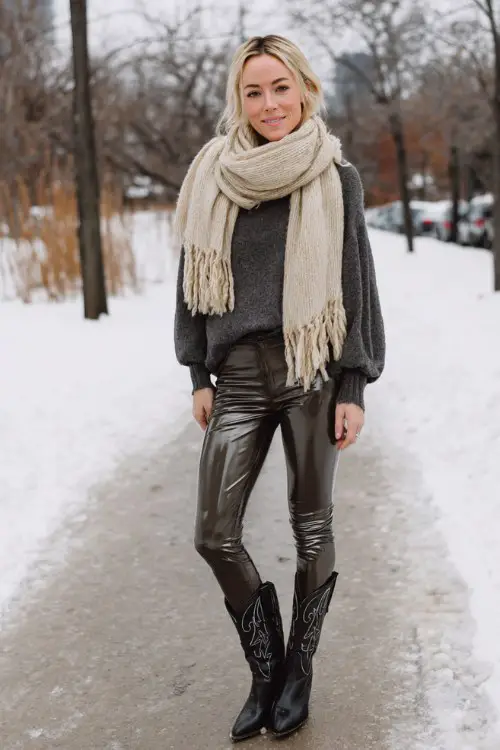 A woman wears shiny leggings and black cowboy boots, styled with a puff sleeve sweater and oversized wool scarf