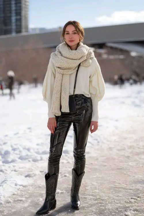 A woman wears shiny leggings and black cowboy boots, styled with a puff sleeve sweater and oversized wool scarf
