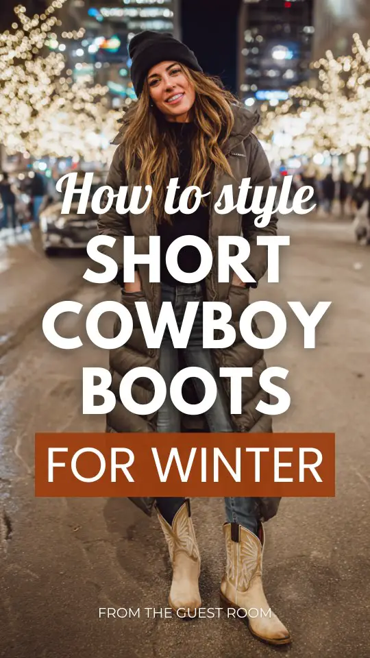A woman wears short cowboy boots outfit for winter with skinny jeans and a long puffer coat