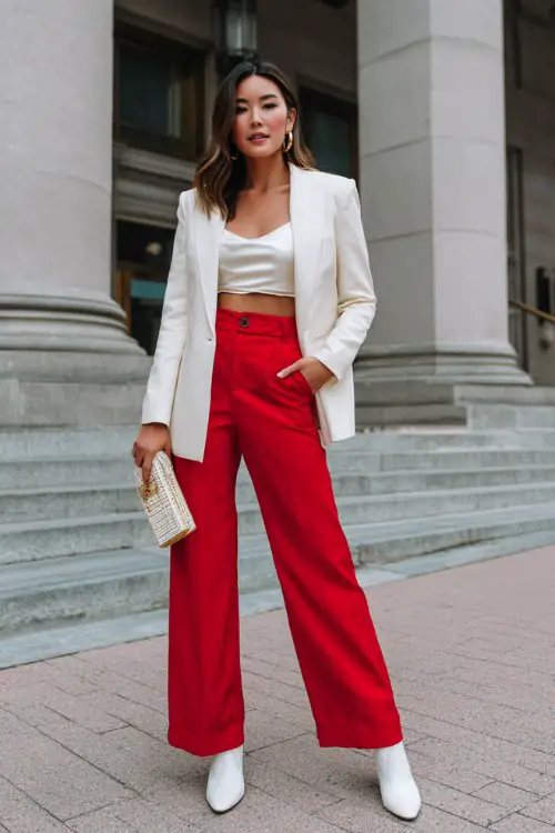 A woman wears tailored red wide-leg trousers with a white satin camisole and a cropped cream blazer, styled with white cowboy boots and a structured clutch