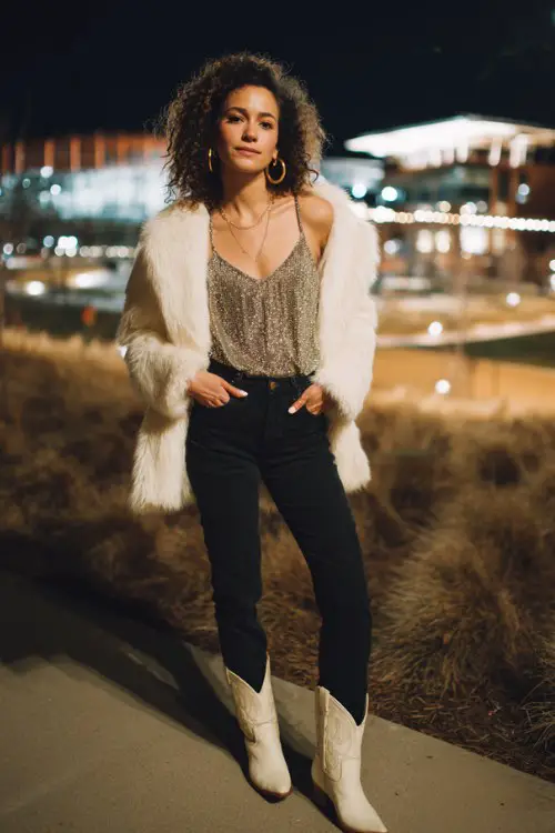 A woman wears white cowboy boots with black skinny jeans, a sequin cami layered under a faux-fur coat and cozy scarf, finished with bold hoop earrings