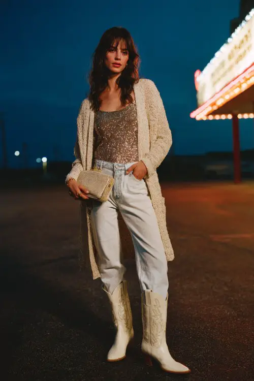 A woman wears white cowboy boots with cropped jeans and a sparkling sequin top layered under a longline cardigan, accessorized with a chic clutch