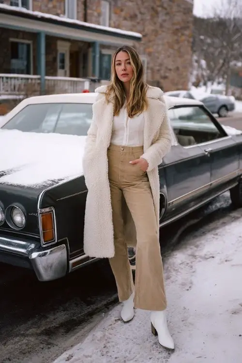 A woman wears white cowboy boots with light brown wide-leg pants, a tucked-in winter blouse, and a long shearling coat