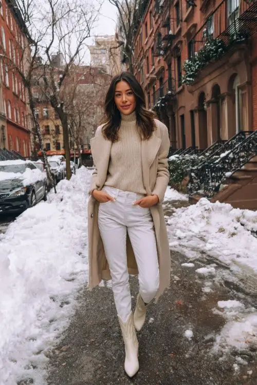 A woman wears white skinny jeans tucked into short white cowboy boots, a soft cream turtleneck, and a beige wool coat