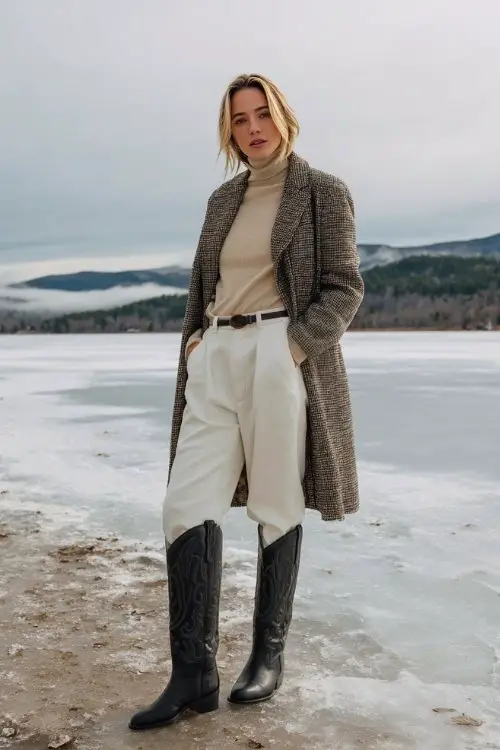 A woman wears white wool trousers tucked into tall black cowboy boots, styled with a beige turtleneck and a herringbone coat