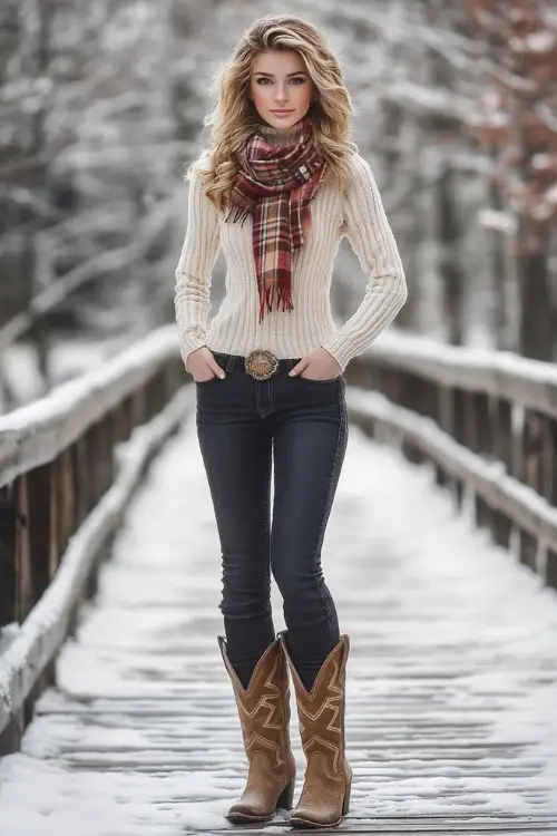 A young woman with wavy blonde hair in a cream turtleneck sweater, wearing a woolen plaid scarf and dark skinny jeans