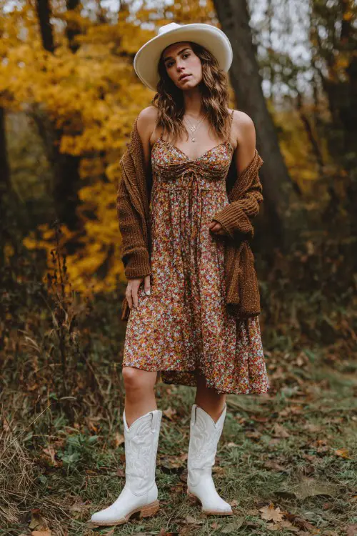 Bohemian woman at a fall music festival wearing a flowy floral midi dress, long soft knit cardigan, wide-brim hat, white cowboy boots for a concert