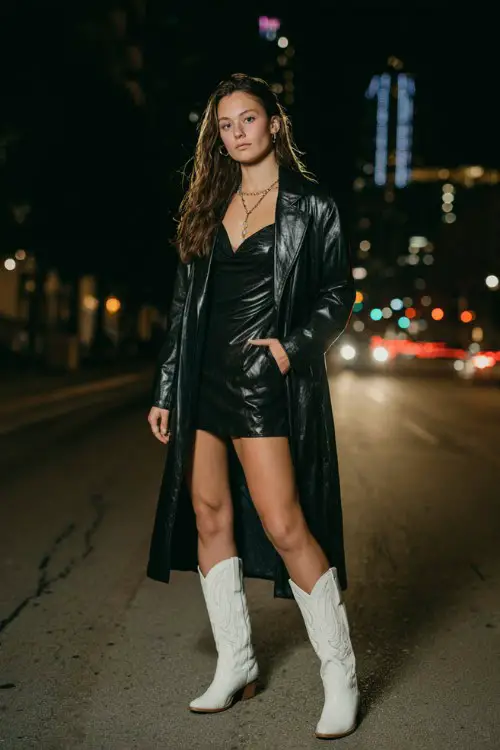 Bold fashion-forward woman wearing a long black leather coat over a fitted mini dress, white cowboy boots for a concert, moody city street lighting, edgy western glam vibe
