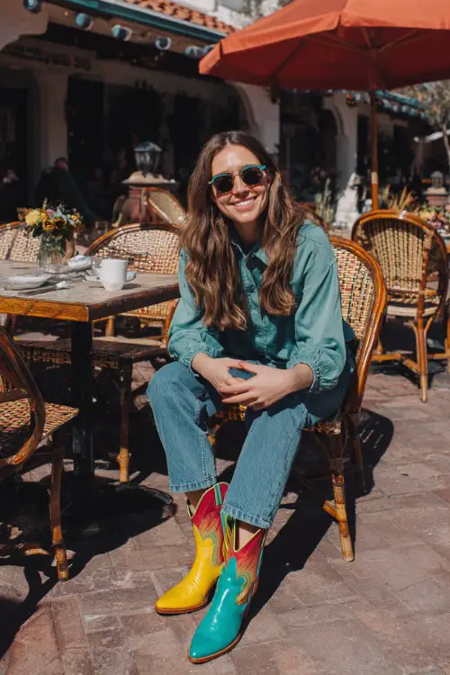 Casual spring brunch outfit with colorful cowboy boots, straight leg jeans, tucked blouse, sunglasses, outdoor café setting, bright daylight