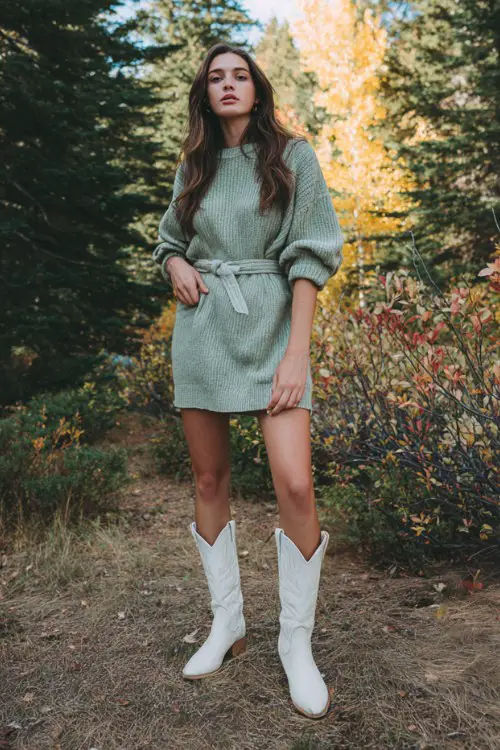 Chic woman at an autumn forest concert wearing a belted sage green knit sweater dress, white cowboy boots for a concert, standing among colorful fall trees