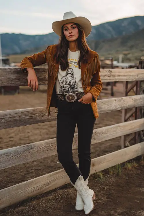 Confident woman leaning on a wooden fence at a country concert, tan suede fringe jacket, vintage graphic tee, black skinny jeans, statement belt buckle
