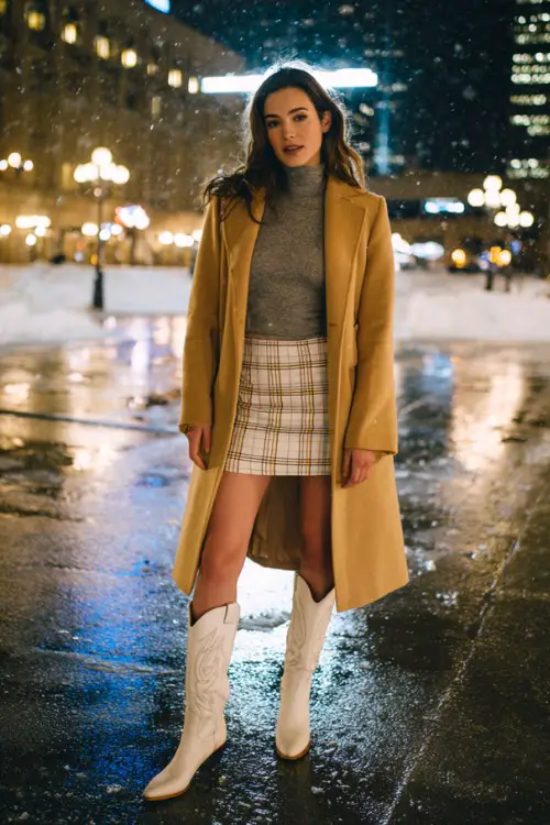 Elegant woman at a snowy evening concert wearing a long camel coat over a grey turtleneck and plaid mini skirt, white cowboy boots