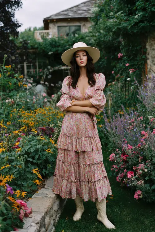 Garden party spring look with cowboy boots, tiered floral maxi dress, sun hat, lush blooming garden, elegant feminine mood