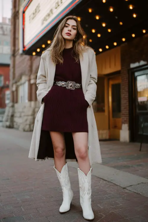 Modern woman outside a cozy street concert venue wearing a fitted burgundy sweater dress, long dark overcoat, statement belt, white cowboy boots for a concert