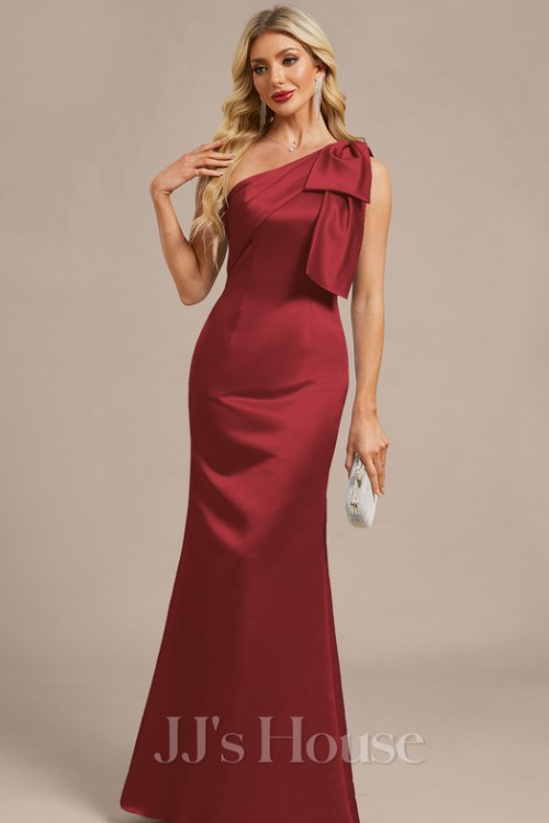 SheathColumn One Shoulder Floor-Length Satin Evening Dress With Bow Pleated