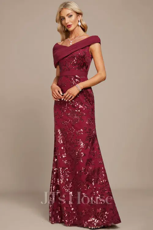 Sheath_Column Asymmetrical Floor-Length Lace Sequin Chiffon Evening Dress With Pleated
