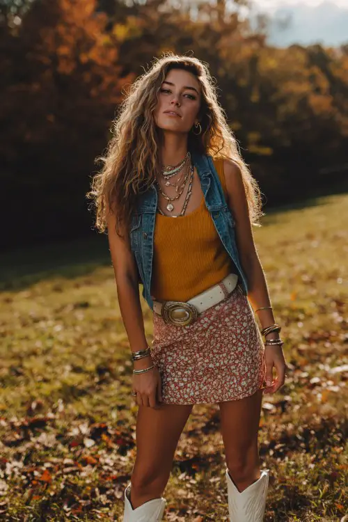Trendy woman at an autumn outdoor concert wearing a mustard knit top, floral mini skirt, sleeveless denim vest, layered necklaces, statement belt, white cowboy boots