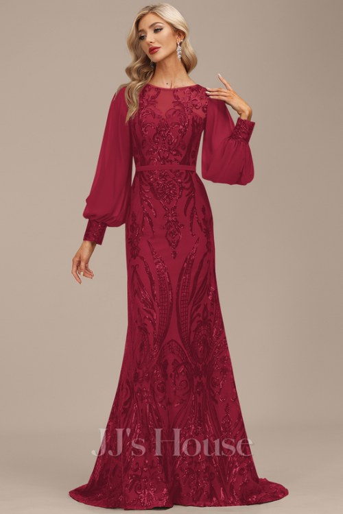 Trumpet_Mermaid Boat Neck Illusion Sweep Train Chiffon Sequin Evening Dress