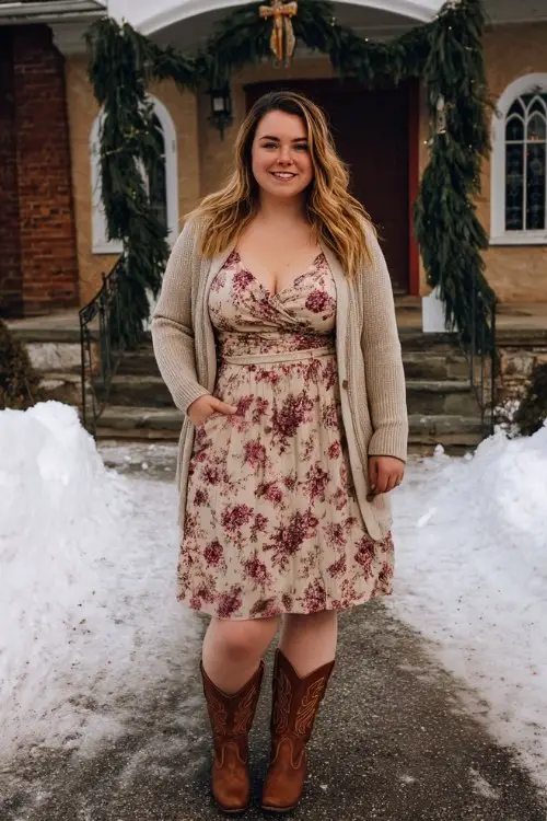 a plus-size woman wears a floral midi dress with a winter cardigan and short brown cowboy boots, posing in front of a snowy countryside church