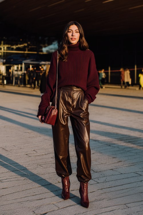a woman in a deep burgundy oversized turtleneck tucked into high-waisted chocolate brown leather trousers, pointed dark brown cowboy boots