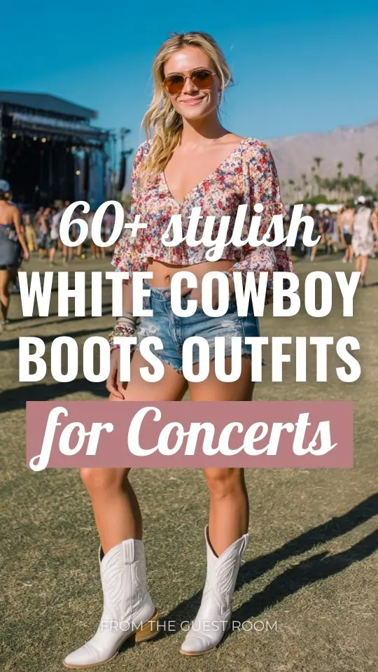 a woman in a floral peasant crop blouse, distressed denim shorts, stacked bracelets, white cowboy boots outfit for a concert