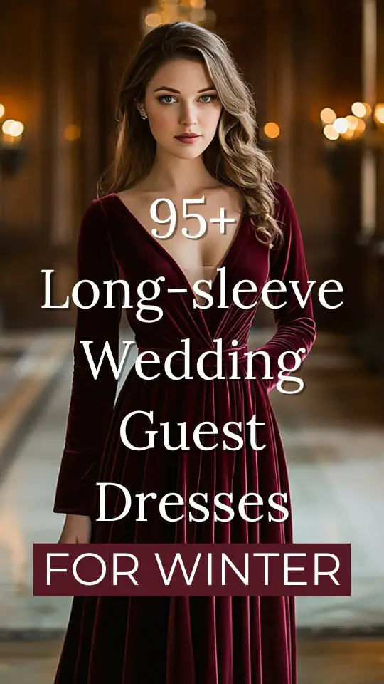 a woman wears a burgundy wedding guest dress with long sleeves in winter