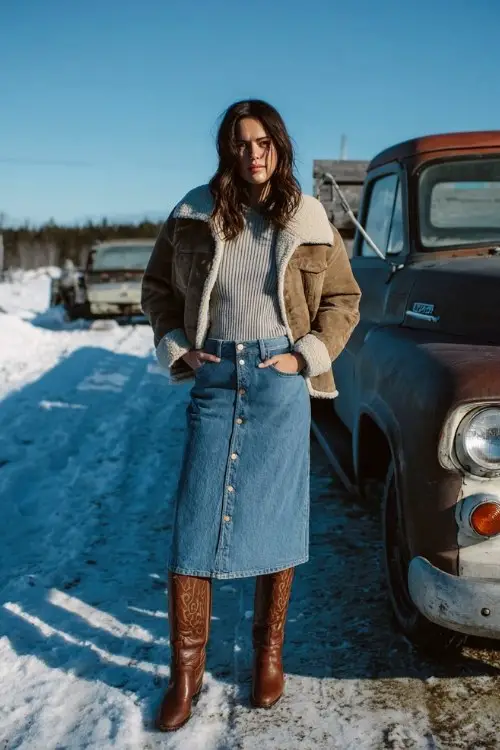 a woman wears a button-front denim midi skirt, tall brown cowboy boots, a fitted ribbed sweater, and a shearling-lined jacket