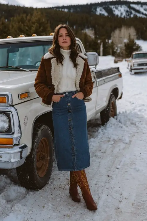 a woman wears a button-front denim midi skirt, tall brown cowboy boots, a fitted ribbed sweater, and a shearling-lined jacket