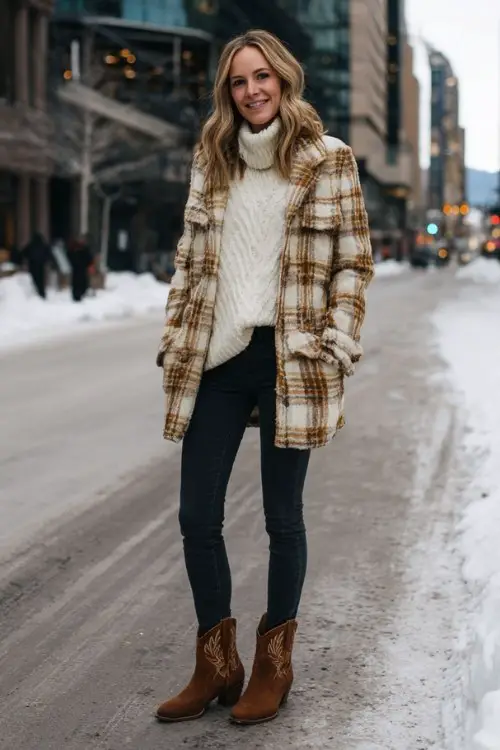 a woman wears a cowboy boots outfit with jeans and turtleneck and jacket for a winter concert