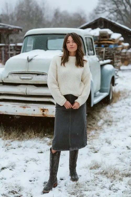 a woman wears a cream sweater with a denim skirt and tall black cowboy boots