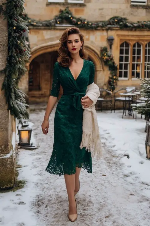 a woman wears a green lace dress with a beige shawl