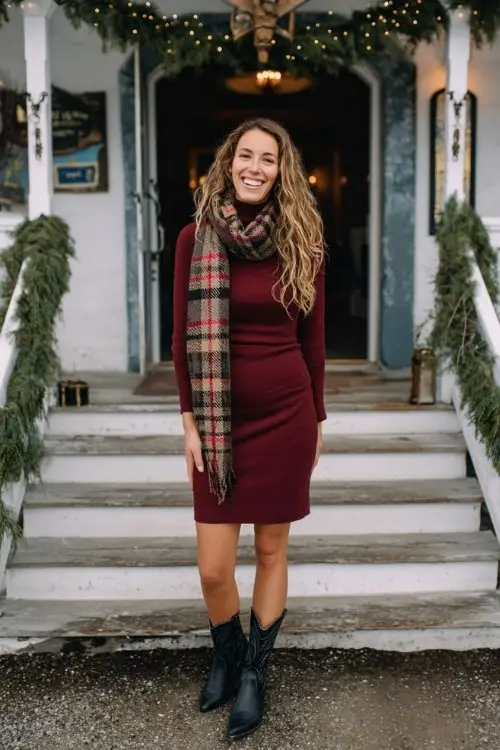 a woman wears a red sweater dress with short black cowboy boots and a plaid scarf
