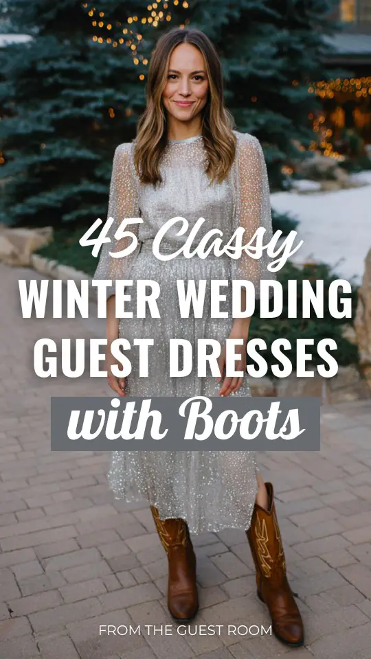 a woman wears a silver winter wedding guest dress with boots