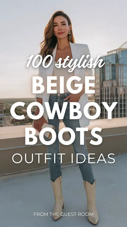 a woman wears beige cowboy boots with white blazer and jeans (1)